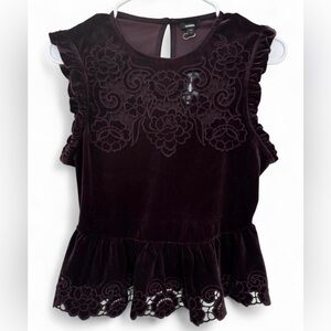 NWT Women Express Velvet Crew Neck Lace Embroidered Peplum Top Small Deep Purple